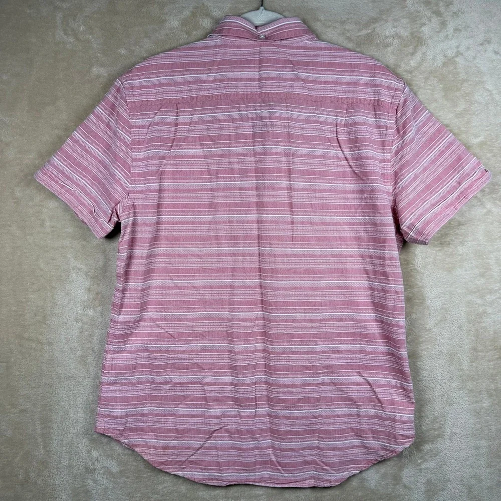 True Religion Mens L Pink White Striped Short Sleeve Button Down Shirt Horseshoe